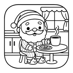 Santa Claus Drinking Hot Cocoa in Cozy Kitchen Coloring Page