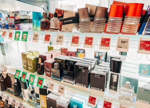 10.28.2025, Zory, Poland. Retail shelving display of men&rsquo;s fragrances in Rossmann store Poland &ndash; editorial view of perfume bottles on shelf