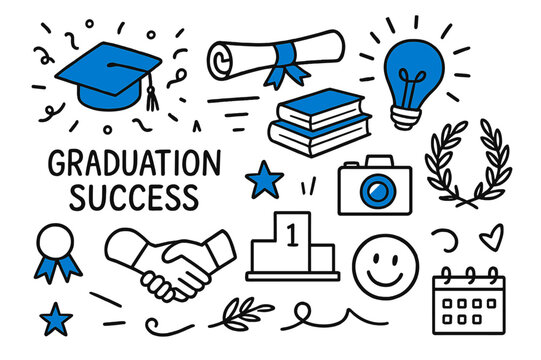 Graduation Celebration Doodles. Graduation success. Hand-drawn doodle illustration graduation success graduation cap (accented), diploma scroll (accented),