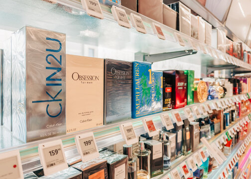 10.28.2025, Zory, Poland. Retail shelving display of men&rsquo;s fragrances in Rossmann store Poland &ndash; editorial view of perfume bottles on shelf