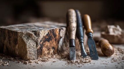 Burl wood accents. Artisan tools positioned beside a burl wood block, showcasing intricate textures and craftsmanship in a workshop setting, highlighting the beauty of woodworking artistry