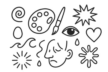 Fototapeta premium Expression Doodle Icons. Expression through color. Hand-drawn doodle illustration expression through color palette, brush, swirl, eye, heart, wave, tear, paint