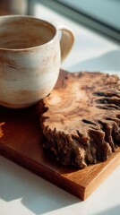 Fototapeta premium Burl wood accents. Close up of natural burl wood slice used as coaster, showcasing intricate textures and patterns, with a rustic ceramic mug on a wooden surface, highlighting organic design elements