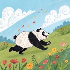 Cartoon Style Panda Racing Across Meadow with Fluffy Clouds