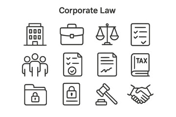 Corporate Law Icon Set. Corporate Law. Line icon set of Corporate Law: building silhouette, briefcase, balance scale, business contract, legal team, compliance