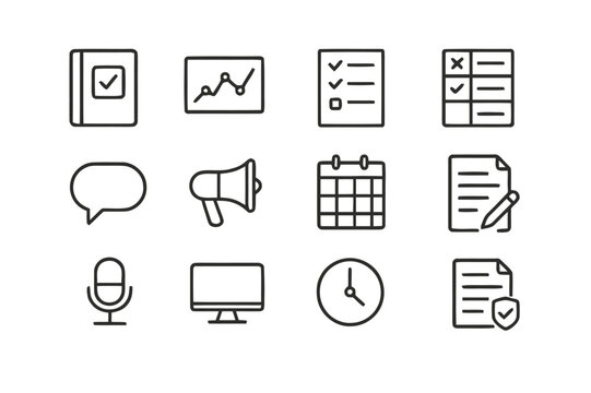 Instructor Tools Icons. Instructor tools. Line icon set of instructor tools: gradebook, analytics chart, attendance list, rubric, comment bubble, announcement,