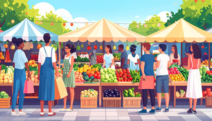 Vibrant Street Market Shopping in Vector Art Style