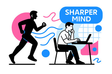 Mindful Focus Shift. Focus & Productivity. A jogger silhouette transitions into a person at a desk; energy lines flow from motion to mindset. ?Sharper Mind?