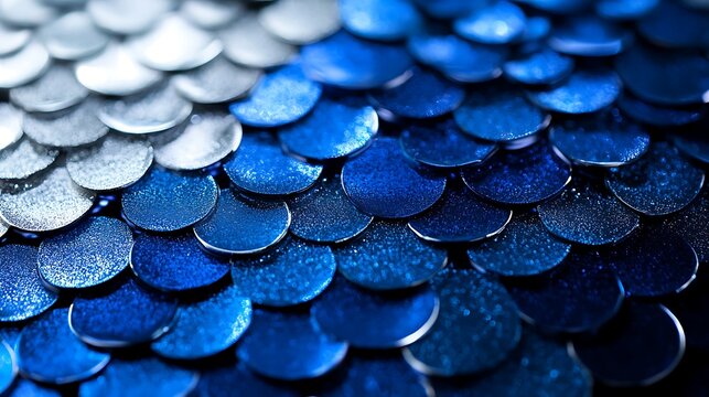 Close-up of metallic blue sequins with shimmering texture. Abstract glamorous pattern for fashion, luxury or background use