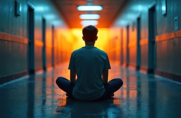 Young man sits cross legged in empty school corridor. Intense orange light illuminates hallway, creating dramatic mood. Teenager experiences loneliness and despair indoors. He seems lost and troubled.