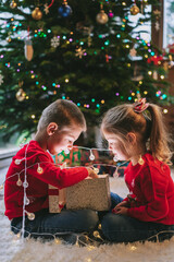 Two smiling kids in festive sweaters sitting under Christmas tree at home. Emotional sister and...