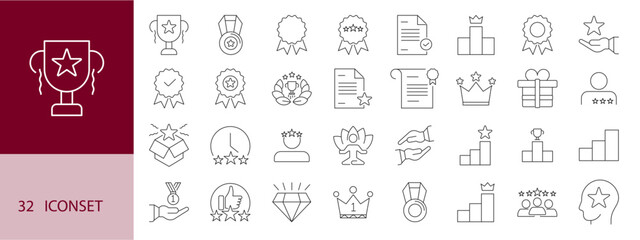 Award and Achievement Icon Set – Line Art Collection of Medals, Trophies, Badges, Crowns, Certificates, and Success Symbols