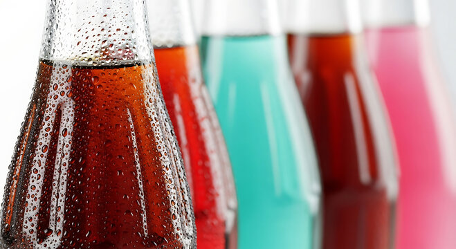 Colorful liquids in glass bottles lined up creating a vibrant abstract display