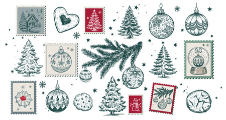 Christmas Stamps, cookie, tree, ball, set on white, Hand drawn illustration	
