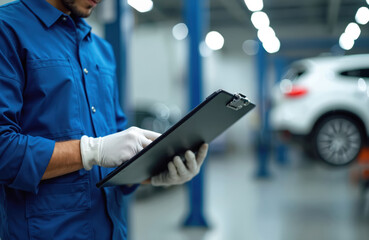 Mechanic in blue uniform and white gloves holds tablet computer checking auto details. Technician examines car diagnostics in modern workshop. Person works with vehicle service data.