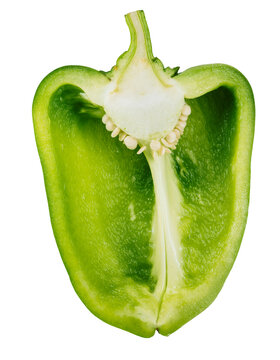 Green bell pepper halved lengthwise showing inner structure isolated on transparent background