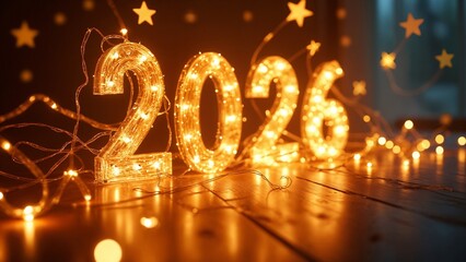 A close-up shot of the numbers "2026" on a wooden table.