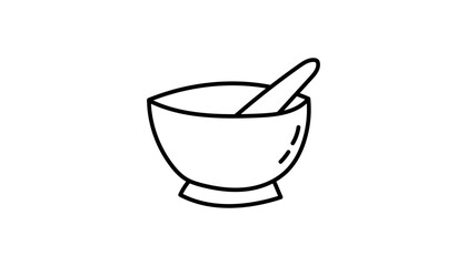 An apothecary mortar with pestle, grind and herbs inside. This kitchen tool connects witchcraft, pharmacy and magic use. Occult mystic esoteric imagery links astrology and moon.