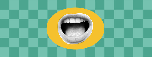 Pop art rockstar with open screaming mouth and punk vintage background. This retro abstract composition captures raw sound energy and rebellious music aesthetic