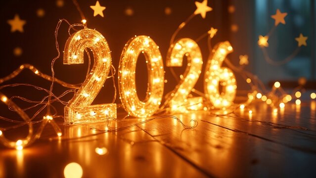 A close-up shot of the numbers "2026" on a wooden table.