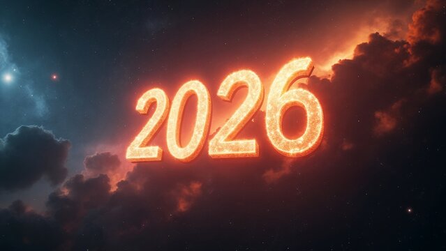 A neon sign that reads "2026" against a backdrop of clouds and stars.