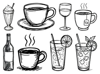 Obraz premium PNG Hand-drawn beverage illustration set, element set on transparent background