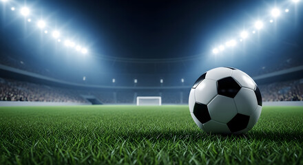 Naklejka premium Exciting soccer ball close-up on vibrant green field at stadium ready for game