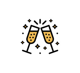 Minimalist icon of two clinking beer glasses with bubbles and sparkle on black background