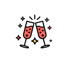 Obraz premium Minimalist illustration of two champagne glasses clinking with bubbles and sparkles