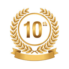 Golden 10th Place Award Badge Illustration Featuring Laurel Wreath And Ribbon Banner Vector Graphic Symbolizing Tenth Position Winner Trophy Achievement Recognition Reward Competition Success Concept