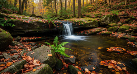 Fototapeta premium A Small Serene Waterfall in a Peaceful Forest Creek, Surrounded by Mossy Stones and Fallen Leaves