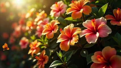 Obraz premium A group of hibiscus flowers with a blurry background.