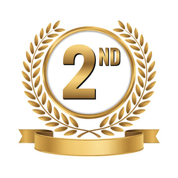 Golden 2nd Place Award Badge Illustration Featuring Laurel Wreath And Ribbon Banner Vector Graphic Symbolizing Second Position Winner Trophy Achievement Recognition Competition Reward And Success