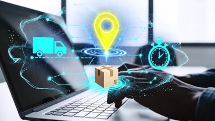 Delivery concept laptop with virtual icons of location, truck, package, and timer - Powered by Adobe