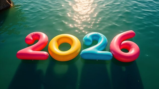 A close-up shot of two inflatable numbers, "2026" and "2026" floating on a body of water.