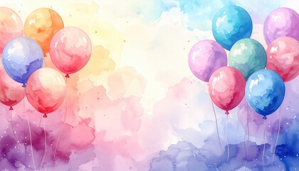Colorful watercolor balloons floating against dreamy pastel sky, symbol of freedom, joy, happiness and holiday event inspiration