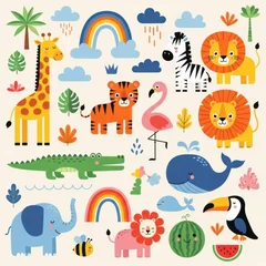 Colorful Cartoon Animals and Nature Elements Illustration for Children. © nurmala