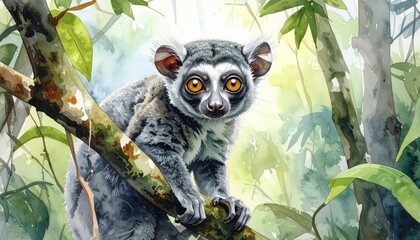 Obraz premium Ring-tailed lemur with bright amber eyes on rainforest branch, symbol of Madagascar biodiversity and ecotourism potential, painted with natural soft daylight