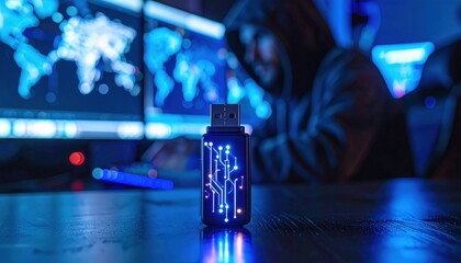 Cybersecurity concept image showing a USB flash drive with glowing digital circuits and hacker background, representing data theft, protection and modern cybercrime awareness