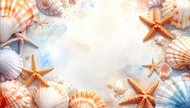 Seashell and starfish border on sandy watercolor background evoking beach summer vacation and ocean coastal theme in elegant artistic composition