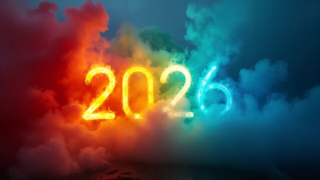A neon sign that reads "2026" in the middle of a cloud filled sky.