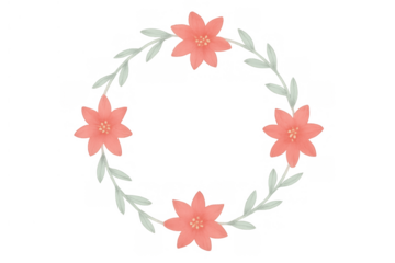 Watercolor floral wreath with pink flowers and green leaves creating a circular frame, transparent background