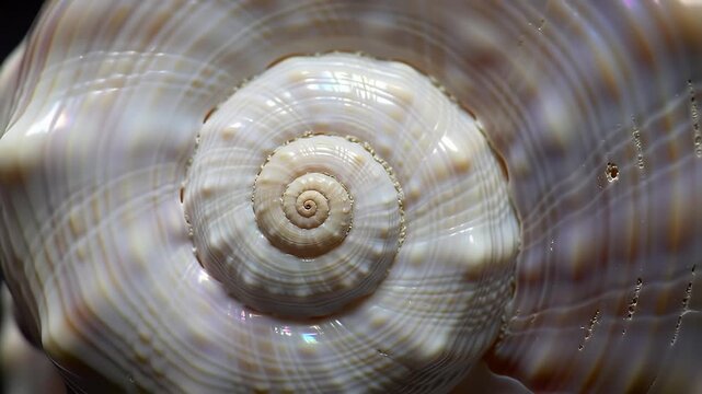 Delicate Macro Orbit of Conch Shell Inner Helix Revealing Pearlescent Textures Iridescent Shifts