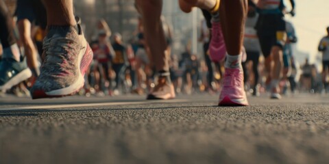 Group of Runners Participating in Urban Marathon Event During Daylight