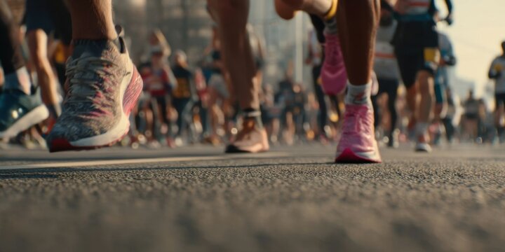 Group of Runners Participating in Urban Marathon Event During Daylight