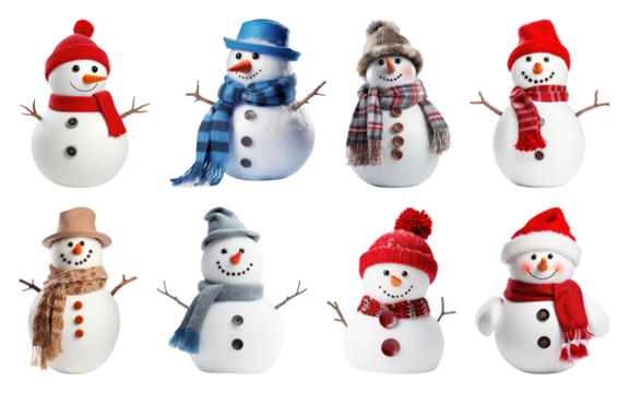 PNG Cheerful snowmen in winter attire, transparent background
