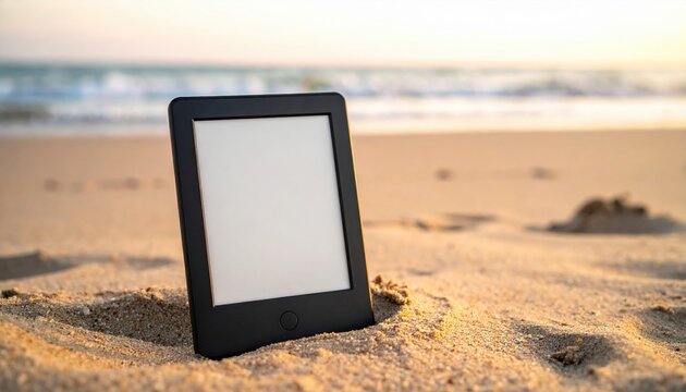 Ebook reader standing in the sand by the sea at sunrise represents modern reading freedom and digital knowledge on vacation and travel inspiration