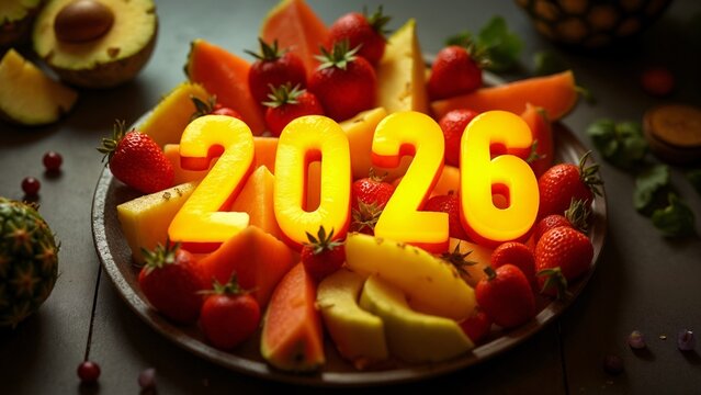 A bowl of fruit with the numbers "2026" spelled out in neon yellow letters.