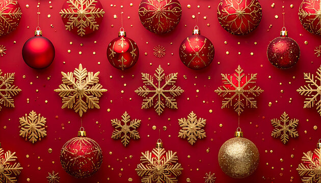 Fondo navideño rojo con esferas ornamentos dorados copos nieve brillantes decoración festiva elegante
