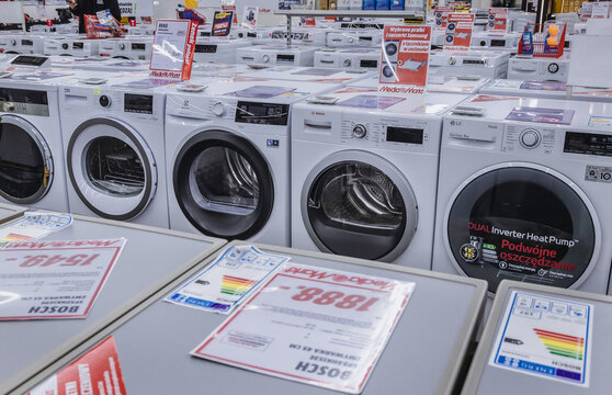 Warsaw, Poland - February 6, 2021: Display of washing machines in MediaMarkt market in Warsaw city